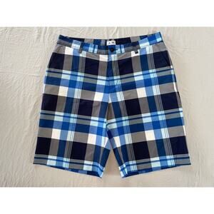 Adidas Lightweight Flat Front Microfiber Chino Golf Shorts. Blue Plaid, 33. MINT